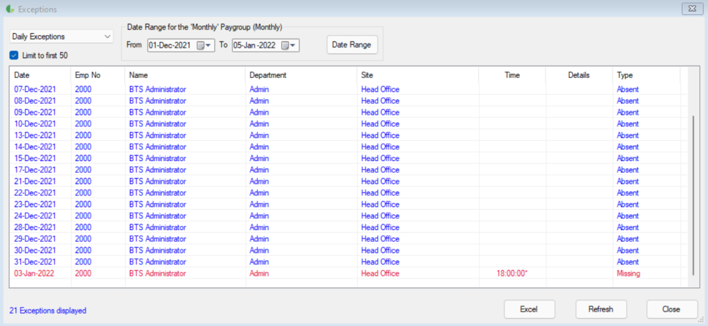 Attendance exception management screen