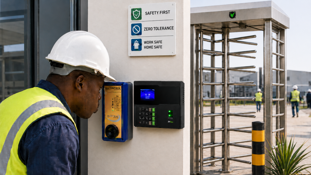 Worker in hard hat and high-visibility vest operates a badge reader at a security turnstile exterior entrance.