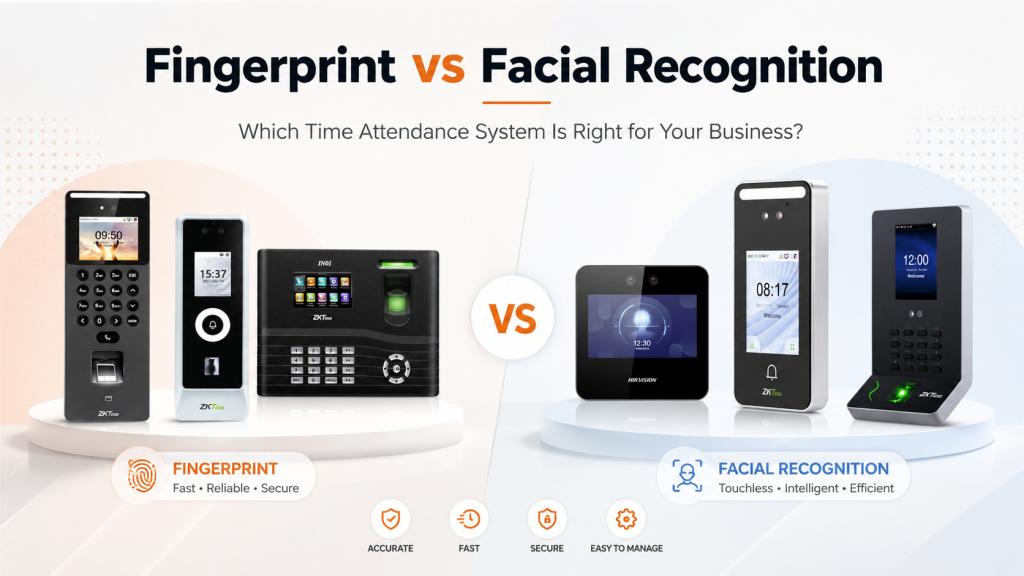 Banner comparing fingerprint authentication (left) vs facial recognition (right) for time-attendance, with a central VS circle and devices on both sides.